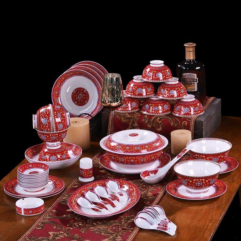 中式家居廚房碗盤景德鎮(zhèn)琺瑯彩餐具禮品