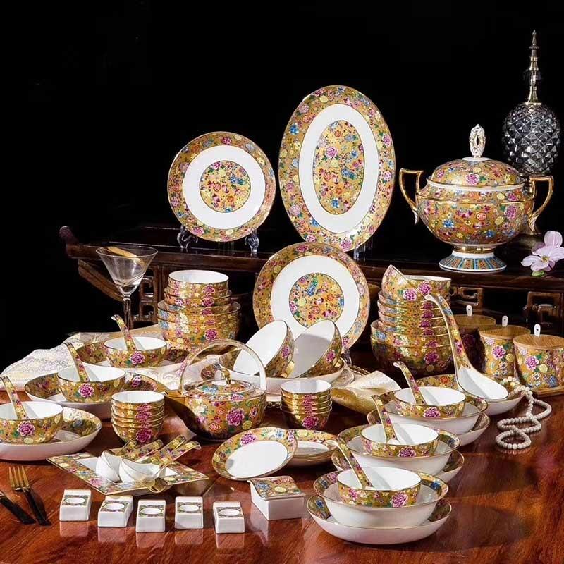 高檔中式碗碟餐具套裝十人份琺瑯彩萬花骨瓷餐具禮品