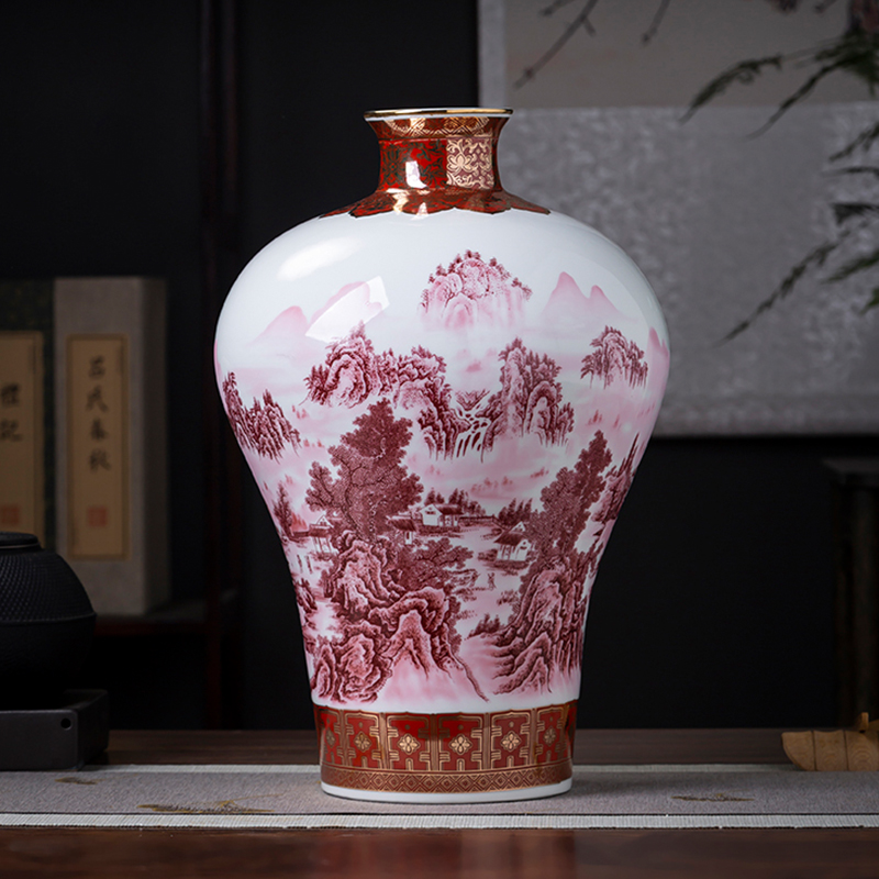 陶瓷器花瓶瑪瑙紅山水畫江山萬里梅瓶新中式家居裝飾品擺件