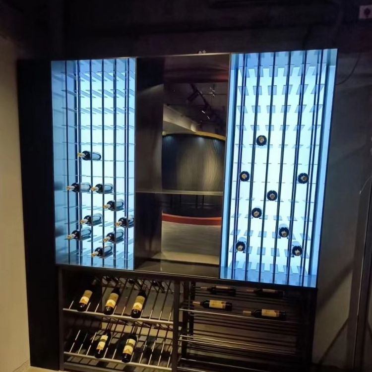 不銹鋼金屬紅酒恒溫酒柜會(huì)所餐廳酒窖客廳展示柜定制廠家設(shè)計(jì)安裝