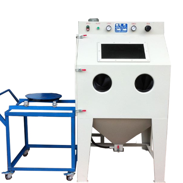 供應百洲模具噴砂機重型工件帶推車轉盤箱式打砂機