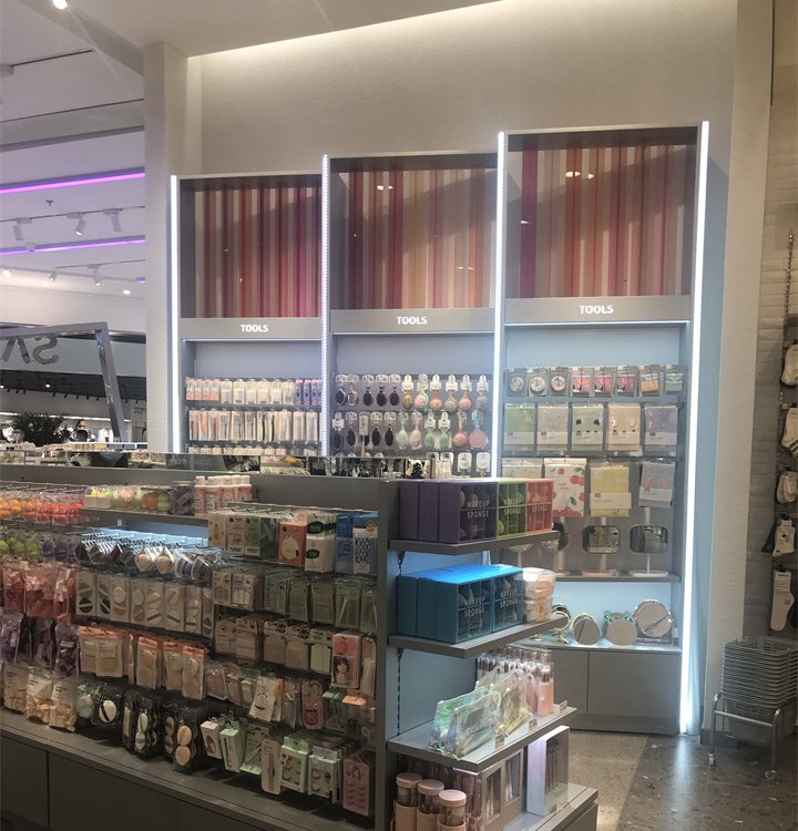 莫凡化妝品展示柜定制支持來樣定做加工移動(dòng)式鐵木結(jié)合