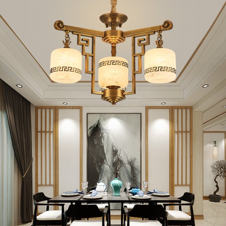 新中式全銅云石吊燈罩朝下餐廳飯廳客廳燈寶云自建房別墅純銅燈